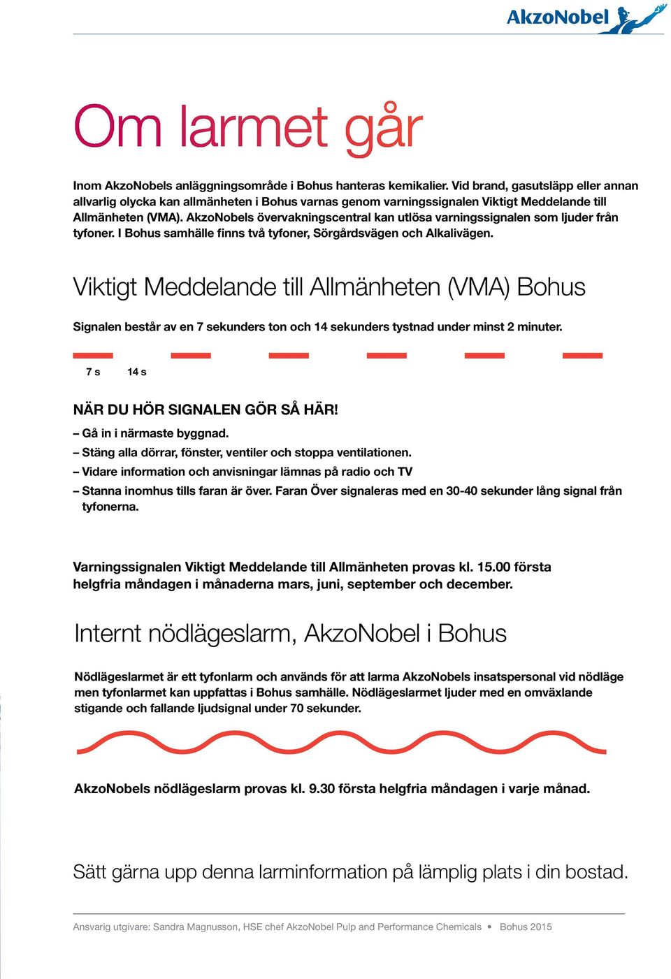 AkzoNobels övervakningscentral kan utlösa varningssignalen som ljuder från tyfoner. I Bohus samhälle finns två tyfoner, Sörgårdsvägen och Alkalivägen.