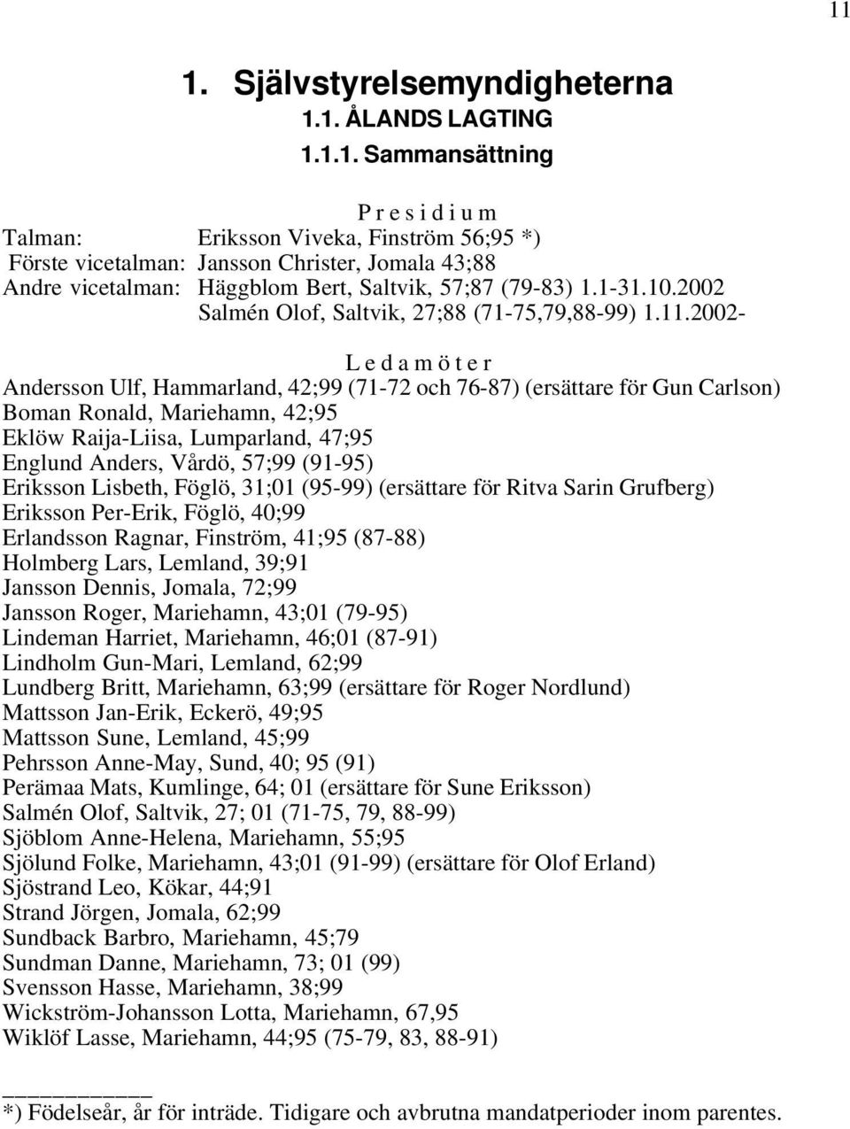 2002- L e d a m ö t e r Andersson Ulf, Hammarland, 42;99 (71-72 och 76-87) (ersättare för Gun Carlson) Boman Ronald, Mariehamn, 42;95 Eklöw Raija-Liisa, Lumparland, 47;95 Englund Anders, Vårdö, 57;99