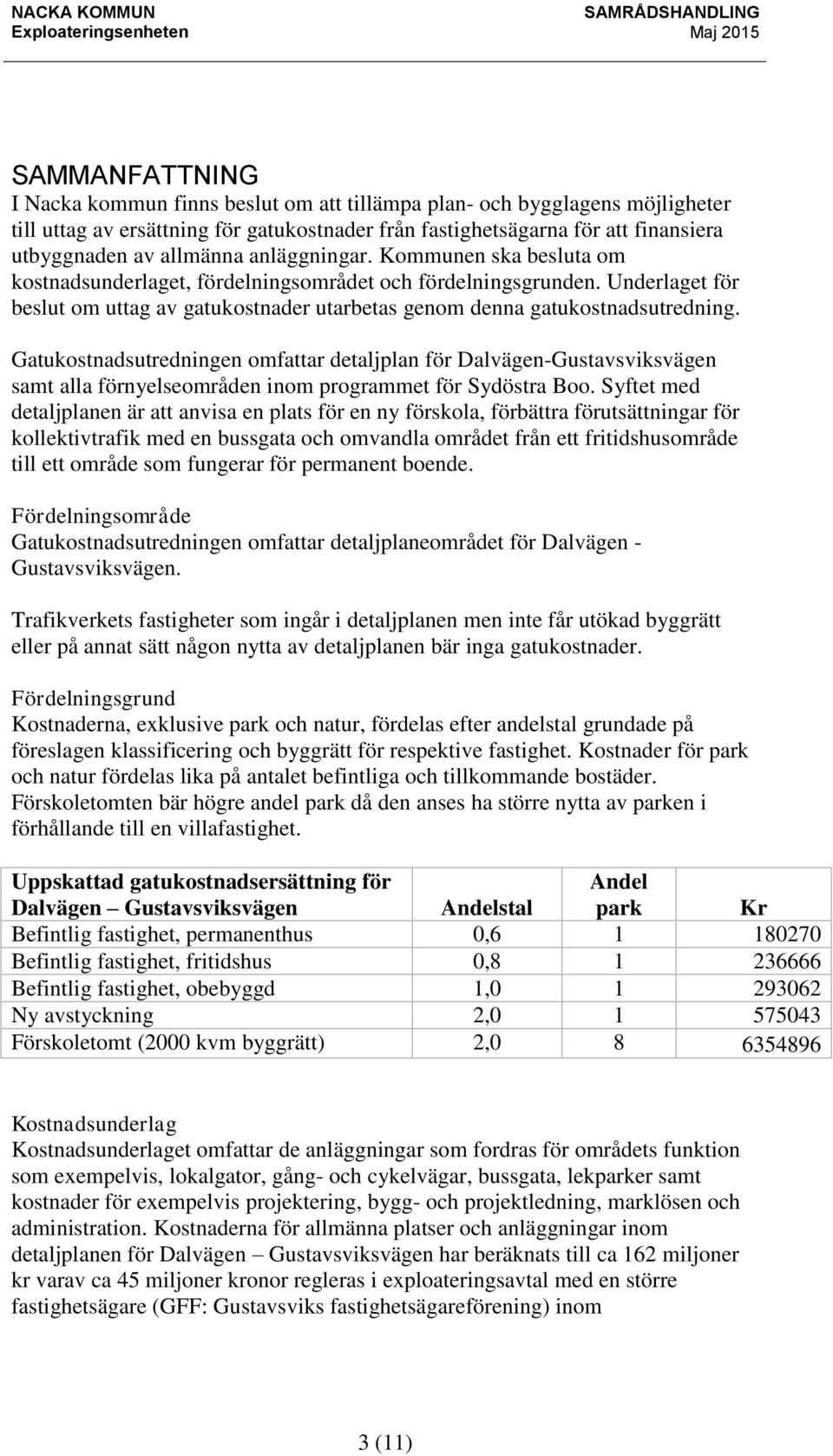 Gatukostnadsutredningen omfattar detaljplan för Dalvägen-Gustavsviksvägen samt alla förnyelseområden inom programmet för Sydöstra Boo.