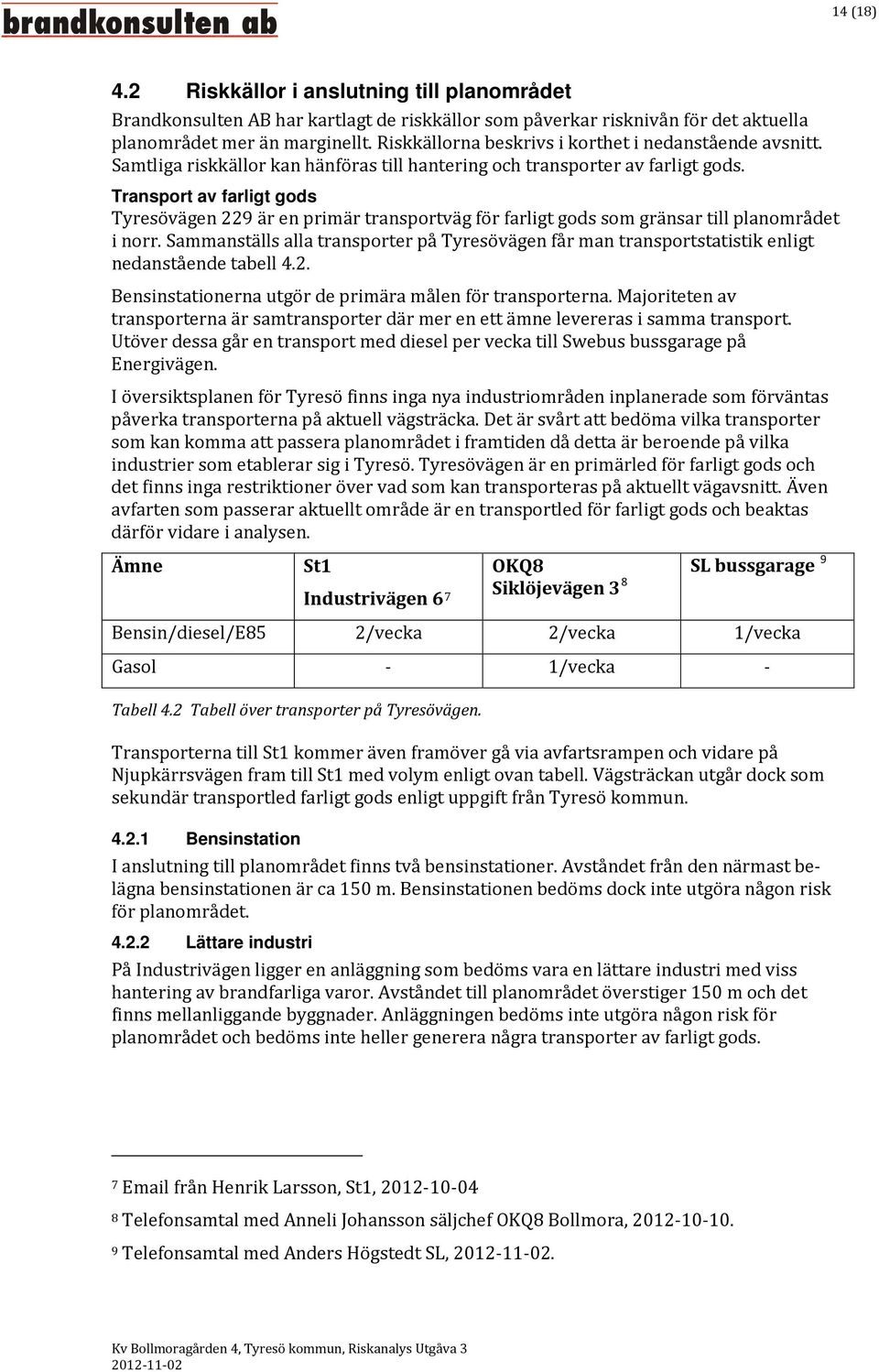 Transport av farligt gods Tyresövägen 229 är en primär transportväg för farligt gods som gränsar till planområdet i norr.