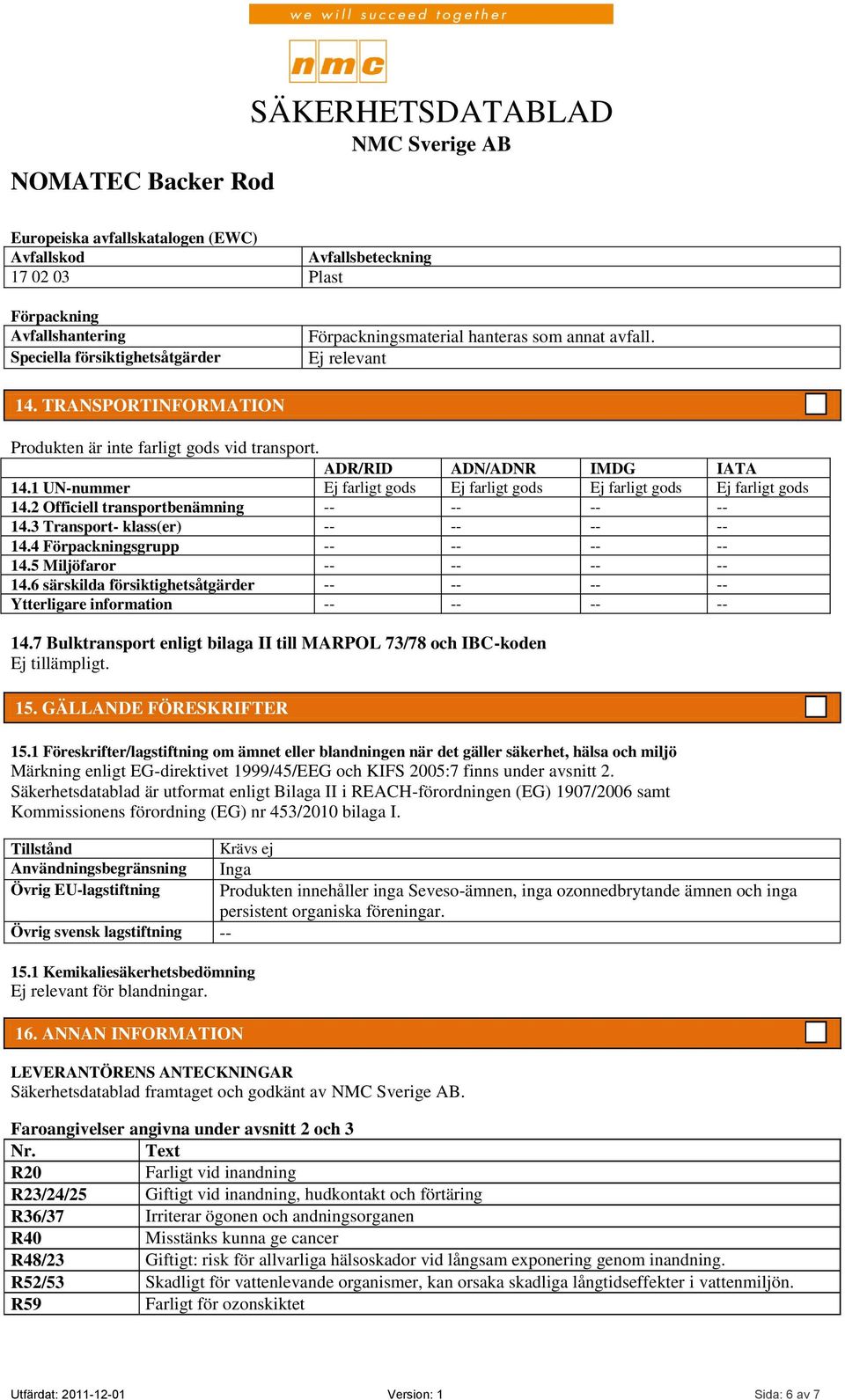 2 Officiell transportbenämning -- -- -- -- 14.3 Transport- klass(er) -- -- -- -- 14.4 Förpackningsgrupp -- -- -- -- 14.5 Miljöfaror -- -- -- -- 14.