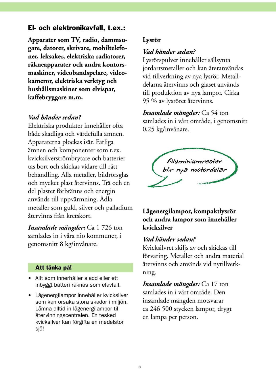 och hushållsmaskiner som elvispar, kaffebryggare m.m. Elektriska produkter innehåller ofta både skadliga och värdefulla ämnen. Apparaterna plockas isär. Farliga ämnen och komponenter som t.ex.