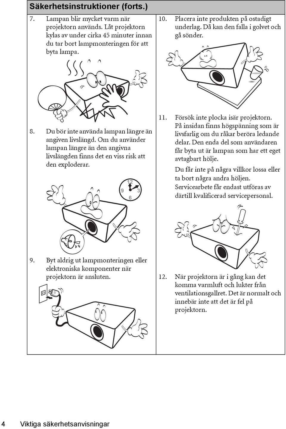 Om du använder lampan längre än den angivna livslängden finns det en viss risk att den exploderar. 11. Försök inte plocka isär projektorn.