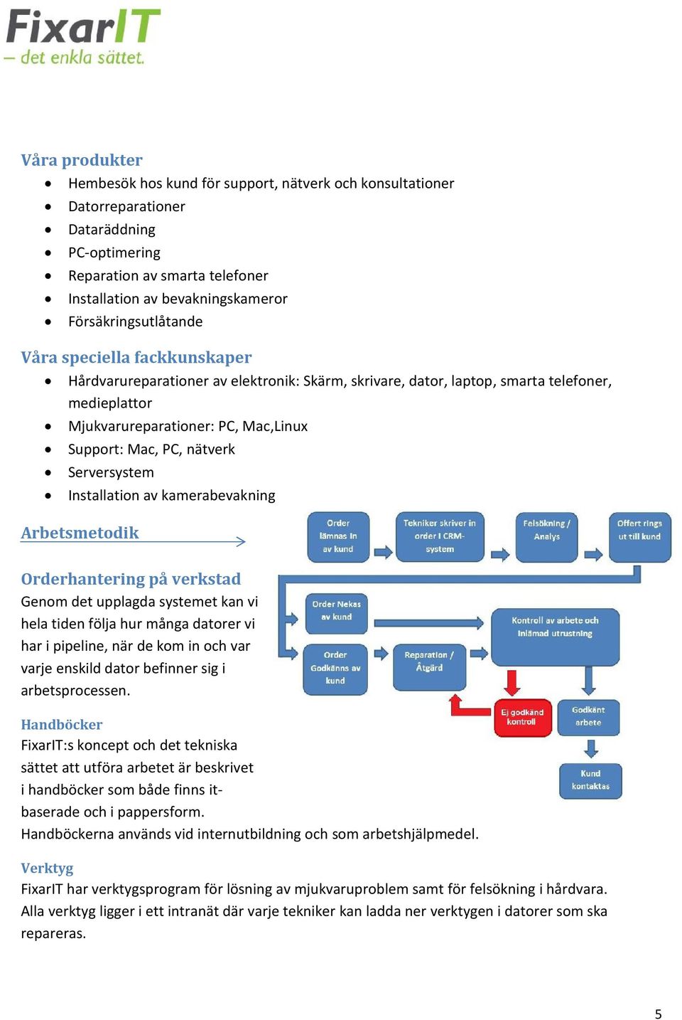 PC, nätverk Serversystem Installation av kamerabevakning Arbetsmetodik Orderhantering på verkstad Genom det upplagda systemet kan vi hela tiden följa hur många datorer vi har i pipeline, när de kom