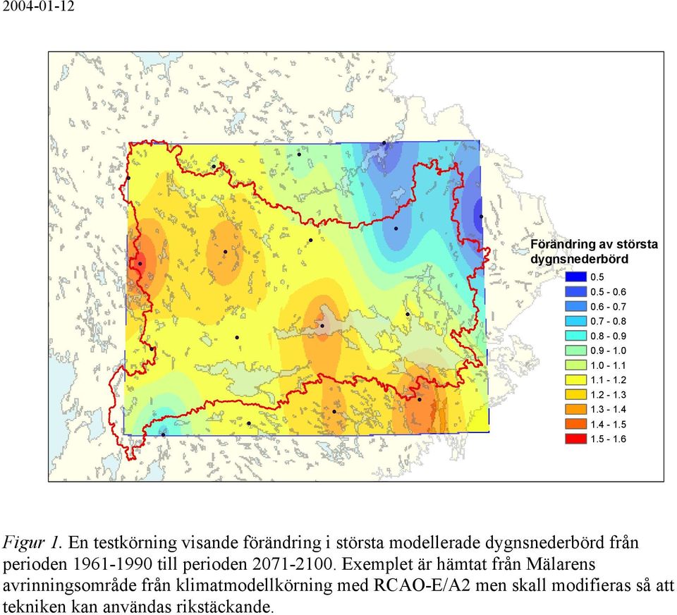 En testkörning visande förändring i största modellerade dygnsnederbörd från perioden 1961-199 till