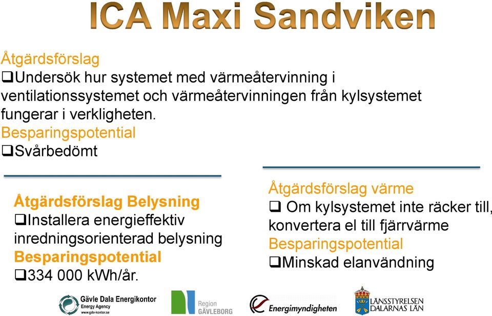 Besparingspotential Svårbedömt Åtgärdsförslag Belysning Installera energieffektiv inredningsorienterad