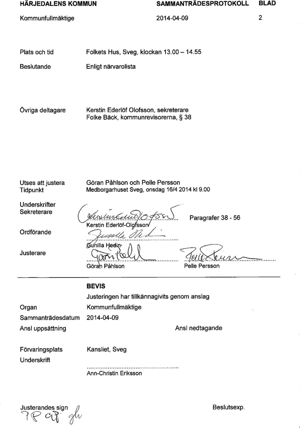 Medborgarhuset Sveg, onsdag 16/4 2014 kl 9.00 Underskrifter f ^ Ordförande Kerstin Ederlöf-Olorssorv, ^.