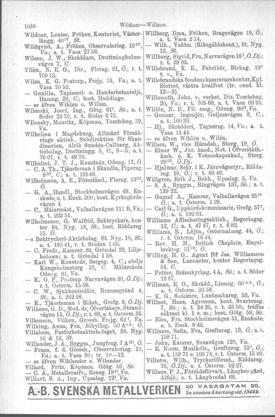 , Dir., Florag. 21, O.; r. t. Willebrand,o-TK. E., Fabrikör, Birkag. 12' 70913. t. v., va. Wilen, K. G. Postexp., Frejg. 15, Va.; a. t. Willebrandskafondenskamrerarekontor,Kgl. Vasa 7053.