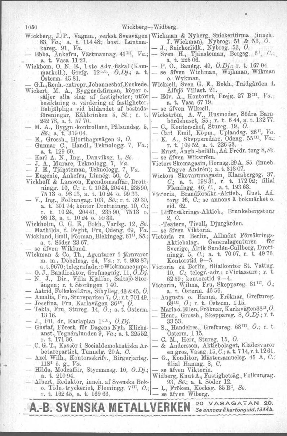 Dj.; r. t. 16704. :qlarkoll.). Grefg. 12 n.\ O.Dj.; a. t. - se äfven Wichman, Wijkman, Wikman Österm. 4581. o.' Wykman. - G.L.,Renh. entrepr.,johanneshof,enskede. Wicksell, Sven G. E., Bokh.