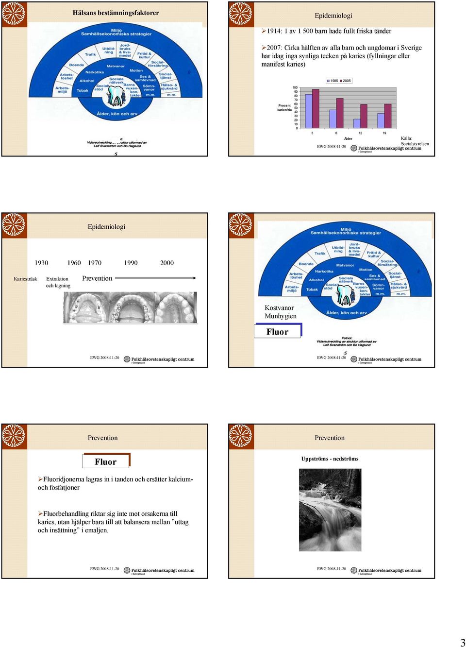 Epidemiologi 1930 1960 1970 1990 2000 Kariesträsk Extraktion och lagning Kostvanor Munhygien Fluor Fluor Uppströms - nedströms Fluoridjonerna lagras in i tanden