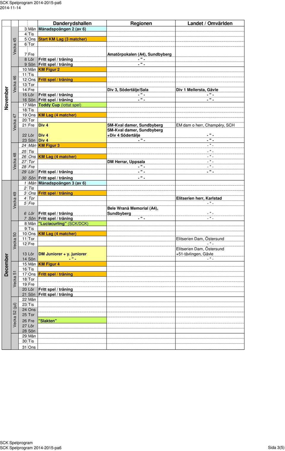 Lör Fritt spel / träning - " - - " - 16 Sön Fritt spel / träning - " - - " - 17 Mån Toddy Cup (lottat spel) 18 Tis 19 Ons KM Lag (4 matcher) 20 Tor 21 Fre Div 4 SM-Kval damer, Sundbyberg EM dam o