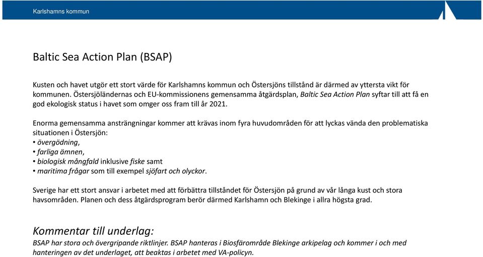 Enorma gemensamma ansträngningar kommer att krävas inom fyra huvudområden för att lyckas vända den problematiska situationen i Östersjön: övergödning, farliga ämnen, biologisk mångfald inklusive