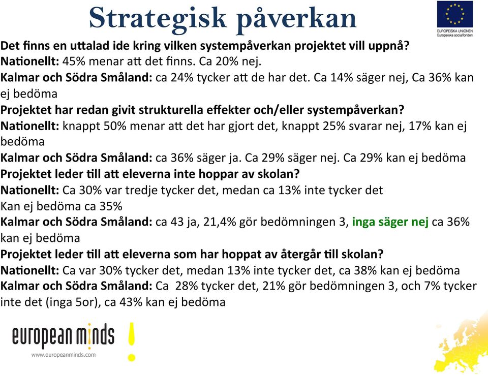 Na#onellt: knappt 50% menar ae det har gjort det, knappt 25% svarar nej, 17% kan ej bedöma Kalmar och Södra Småland: ca 36% säger ja. Ca 29% säger nej.
