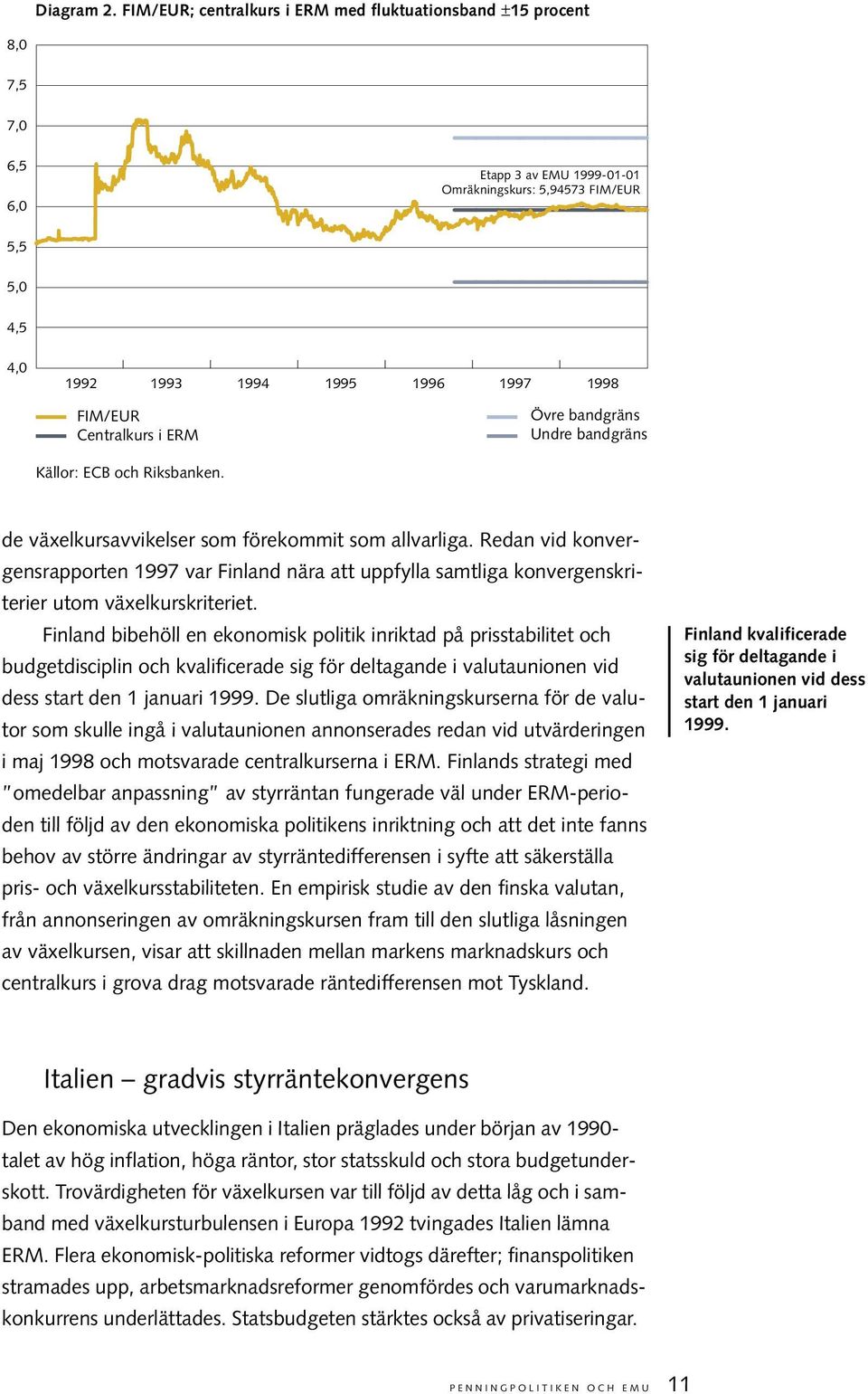 Centralkurs i ERM Övre bandgräns Undre bandgräns Källor: ECB och Riksbanken. de växelkursavvikelser som förekommit som allvarliga.