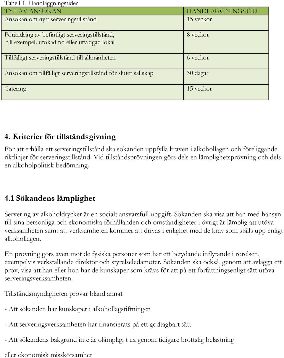 30 dagar 15 veckor 4. Kriterier för tillståndsgivning För att erhålla ett serveringstillstånd ska sökanden uppfylla kraven i alkohollagen och föreliggande riktlinjer för serveringstillstånd.