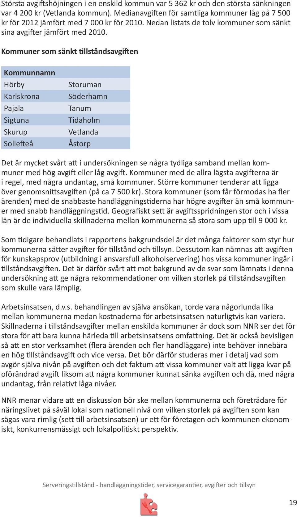 Kommuner som sänkt tillståndsavgiften Hörby Karlskrona Pajala Sigtuna Skurup Sollefteå Storuman Söderhamn Tanum Tidaholm Vetlanda Åstorp Det är mycket svårt att i undersökningen se några tydliga