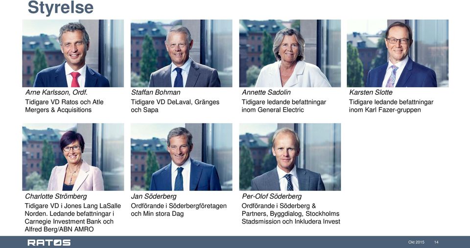 befattningar inom General Electric Karsten Slotte Tidigare ledande befattningar inom Karl Fazer-gruppen Charlotte Strömberg Tidigare VD i Jones