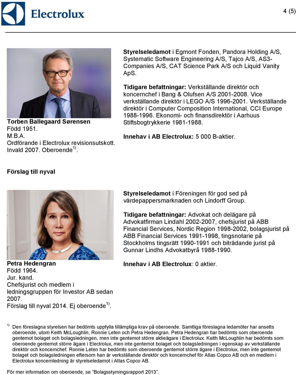 Tidigare befattningar: Verkställande direktör och koncernchef i Bang & Olufsen A/S 2001-2008. Vice verkställande direktör i LEGO A/S 1996-2001.