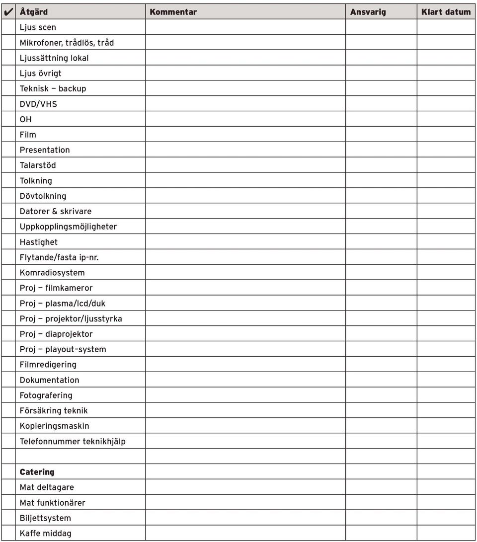 Komradiosystem Proj filmkameror Proj plasma/lcd/duk Proj projektor/ljusstyrka Proj diaprojektor Proj playout-system