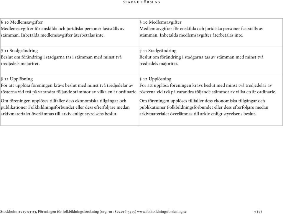 12 Upplösning För att upplösa föreningen krävs beslut med minst två tredjedelar av rösterna vid två på varandra följande stämmor av vilka en är ordinarie.