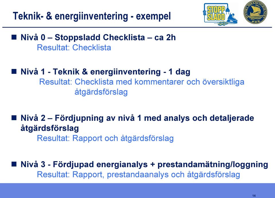 Nivå 2 Fördjupning av nivå 1 med analys och detaljerade åtgärdsförslag Resultat: Rapport och åtgärdsförslag