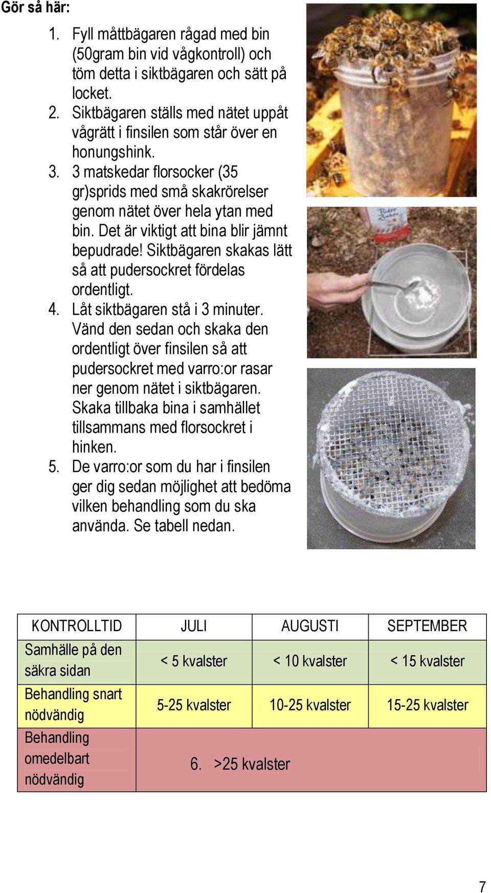 Det är viktigt att bina blir jämnt bepudrade! Siktbägaren skakas lätt så att pudersockret fördelas ordentligt. 4. Låt siktbägaren stå i 3 minuter.