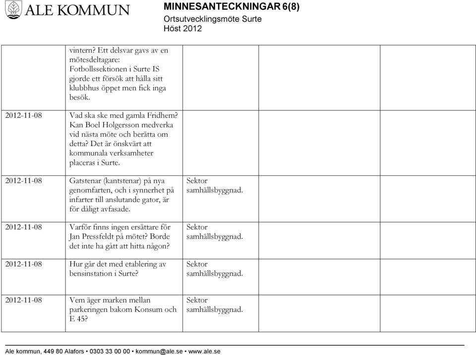 MINNESANTECKNINGAR 6(8) 2012-11-08 Gatstenar (kantstenar) på nya genomfarten, och i synnerhet på infarter till anslutande gator, är för dåligt avfasade.