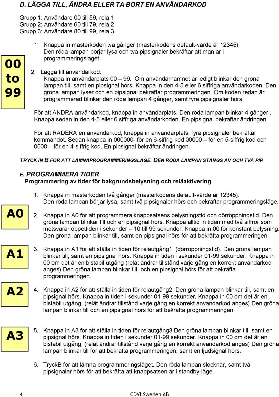 Om användarnamnet är ledigt blinkar den gröna lampan till, samt en pipsignal hörs. Knappa in den 4-5 eller 6 siffriga användarkoden. Den gröna lampan lyser och en pipsignal bekräftar programmeringen.