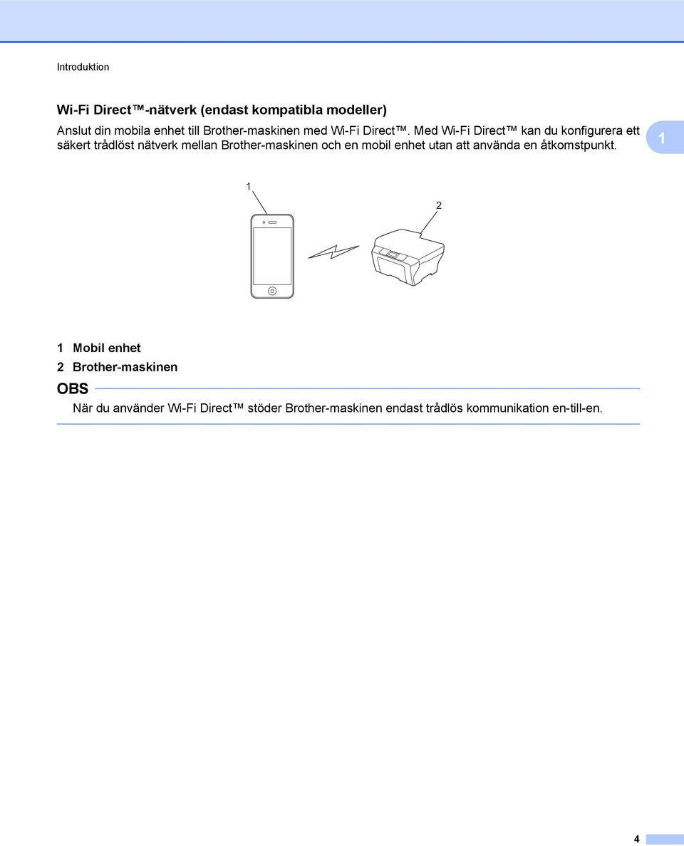 Med Wi-Fi Direct kan du konfigurera ett säkert trådlöst nätverk mellan Brother-maskinen och en