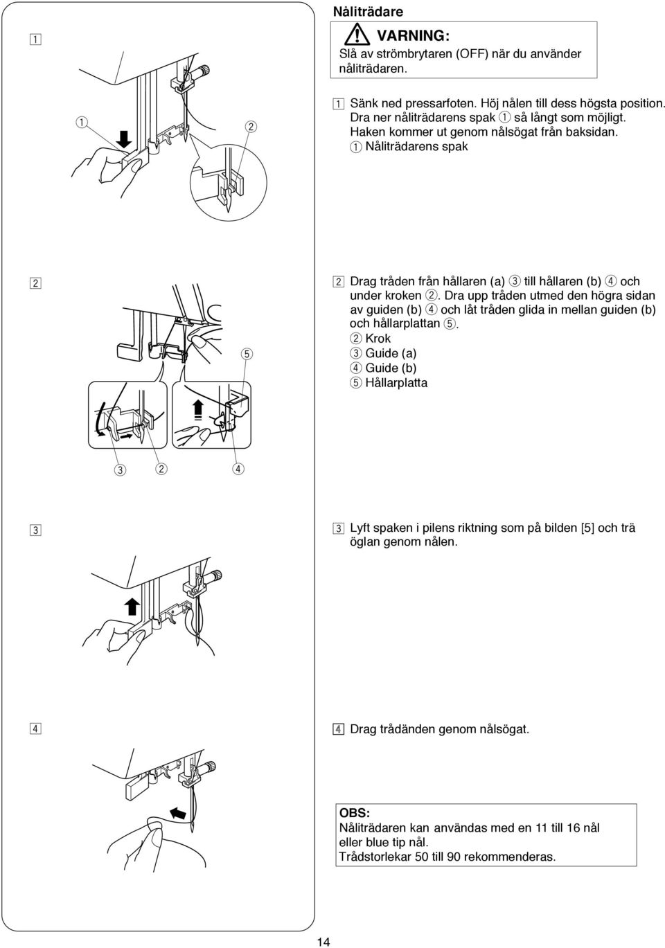 Nålitädans spak x t x Dag tådn fån hållan (a) till hållan (b) och und kokn.