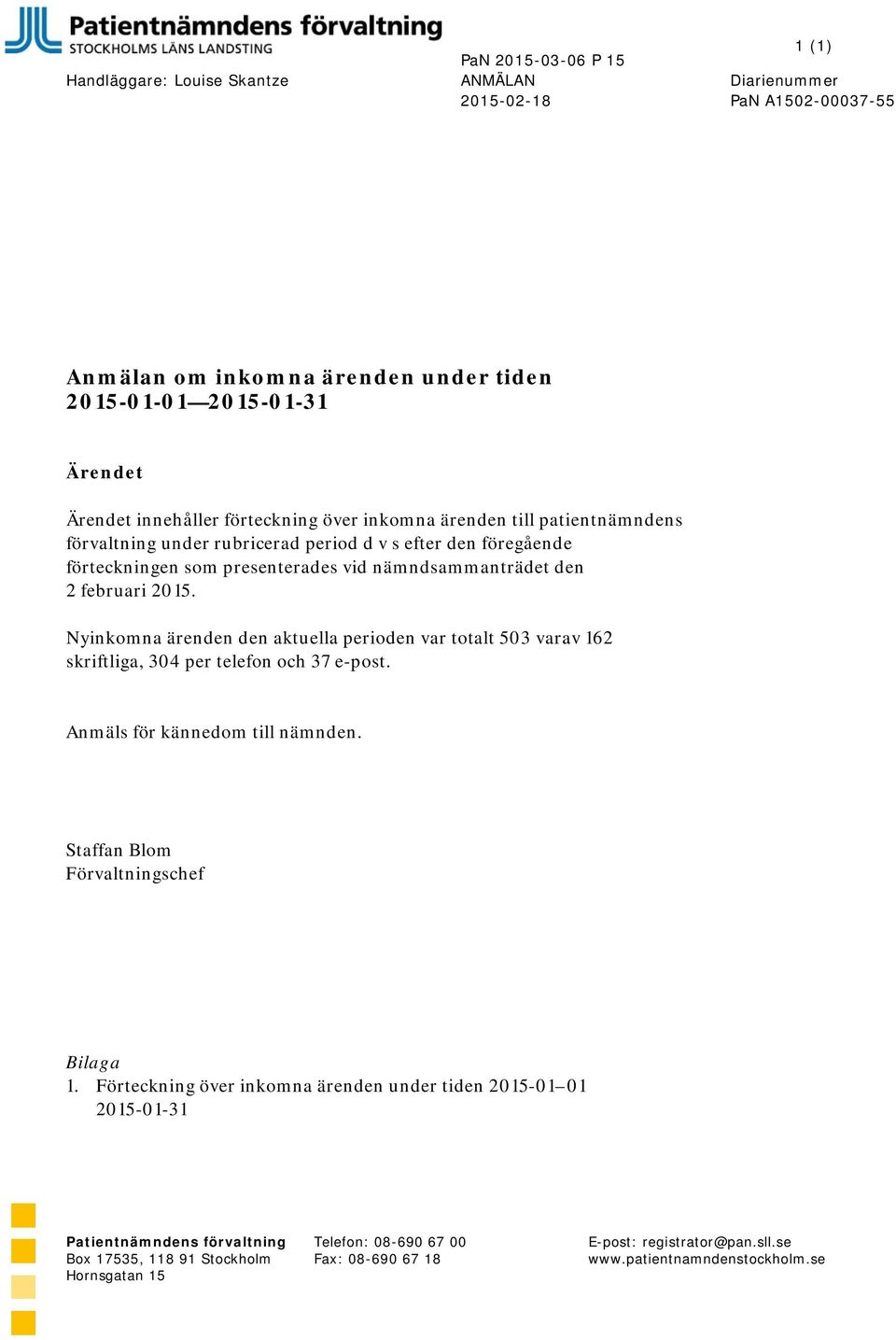 Nyinkomna ärenden den aktuella perioden var totalt 503 varav 162 skriftliga, 304 per telefon och 37 e-post. Anmäls för kännedom till nämnden. Staffan Blom Förvaltningschef Bilaga 1.