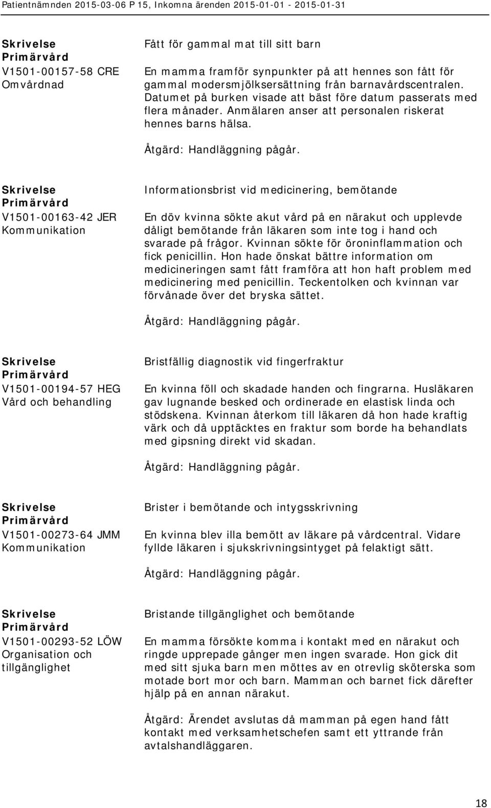 V1501-00163-42 JER Informationsbrist vid medicinering, bemötande En döv kvinna sökte akut vård på en närakut och upplevde dåligt bemötande från läkaren som inte tog i hand och svarade på frågor.