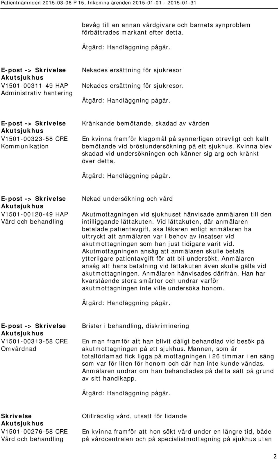 Kvinna blev skadad vid undersökningen och känner sig arg och kränkt över detta.