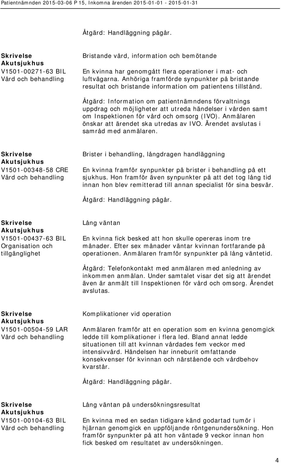 Åtgärd: Information om patientnämndens förvaltnings uppdrag och möjligheter att utreda händelser i vården samt om Inspektionen för vård och omsorg (IVO).