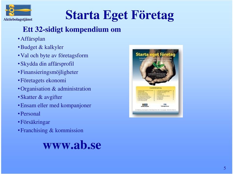 Företagets ekonomi Organisation & administration Skatter & avgifter Ensam