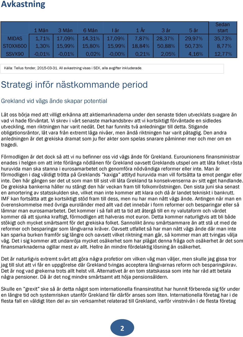 Strategi inför nästkommande period Grekland vid vägs ände skapar potential Låt oss börja med att villigt erkänna att aktiemarknaderna under den senaste tiden utvecklats svagare än vad vi hade