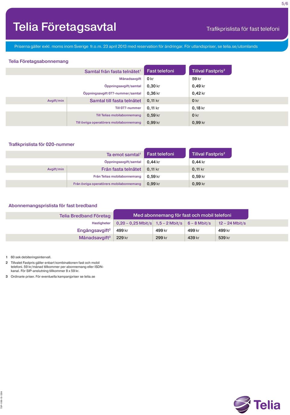 mobilabonnemang 0,99 kr 0,99 kr Trafikprislista för 020-nummer Ta emot samtal 1 Fast telefoni Tillval Fastpris 2 Öppningsavgift/samtal 0,44 kr 0,44 kr Avgift/min Från fasta telnätet 0,11 kr 0,11 kr