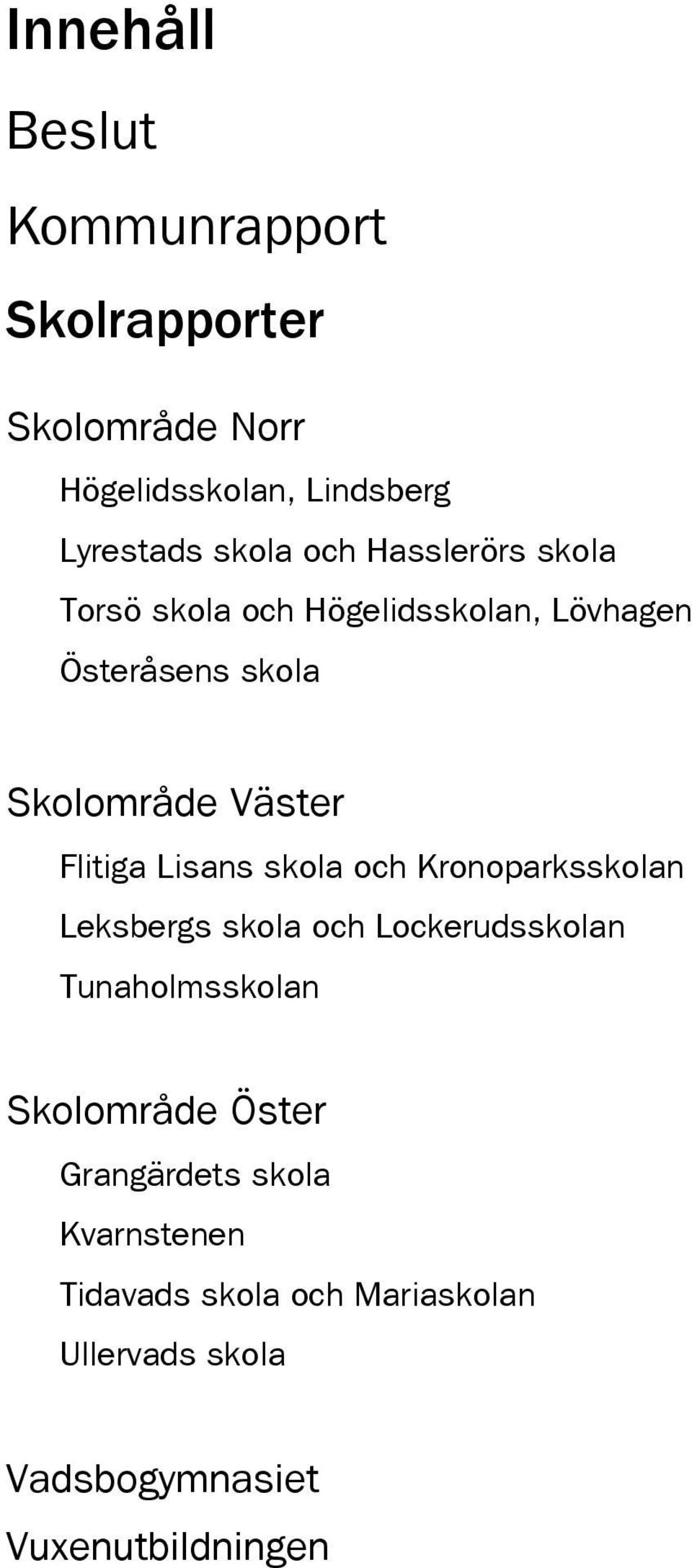 Lisans skola och Kronoparksskolan Leksbergs skola och Lockerudsskolan Tunaholmsskolan Skolområde Öster