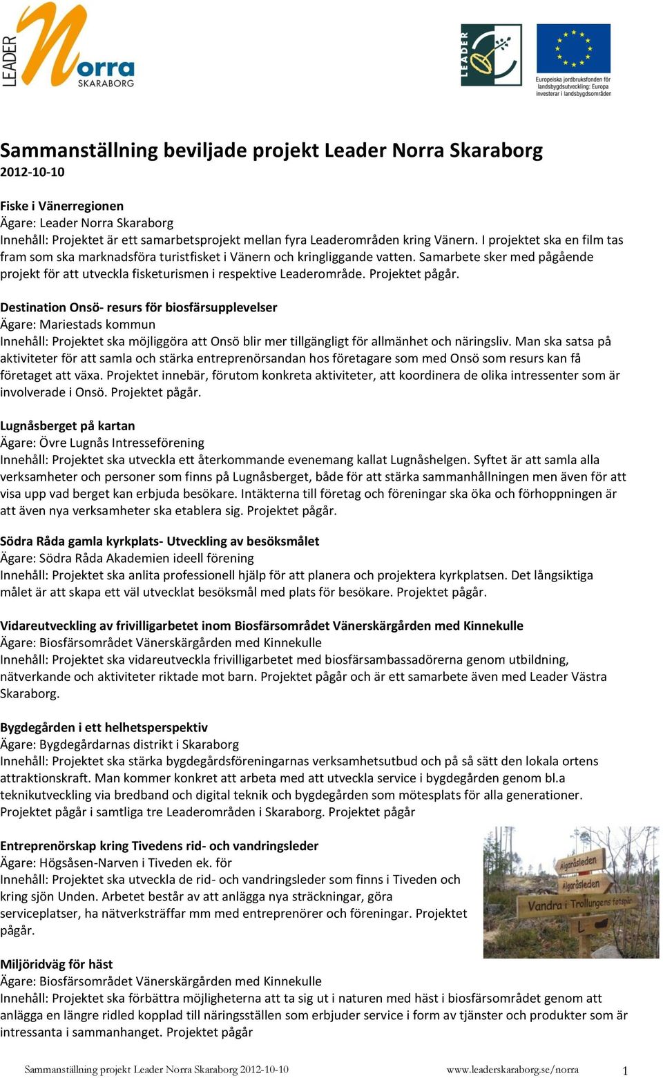 Projektet pågår. Destination Onsö- resurs för biosfärsupplevelser Ägare: Mariestads kommun Innehåll: Projektet ska möjliggöra att Onsö blir mer tillgängligt för allmänhet och näringsliv.