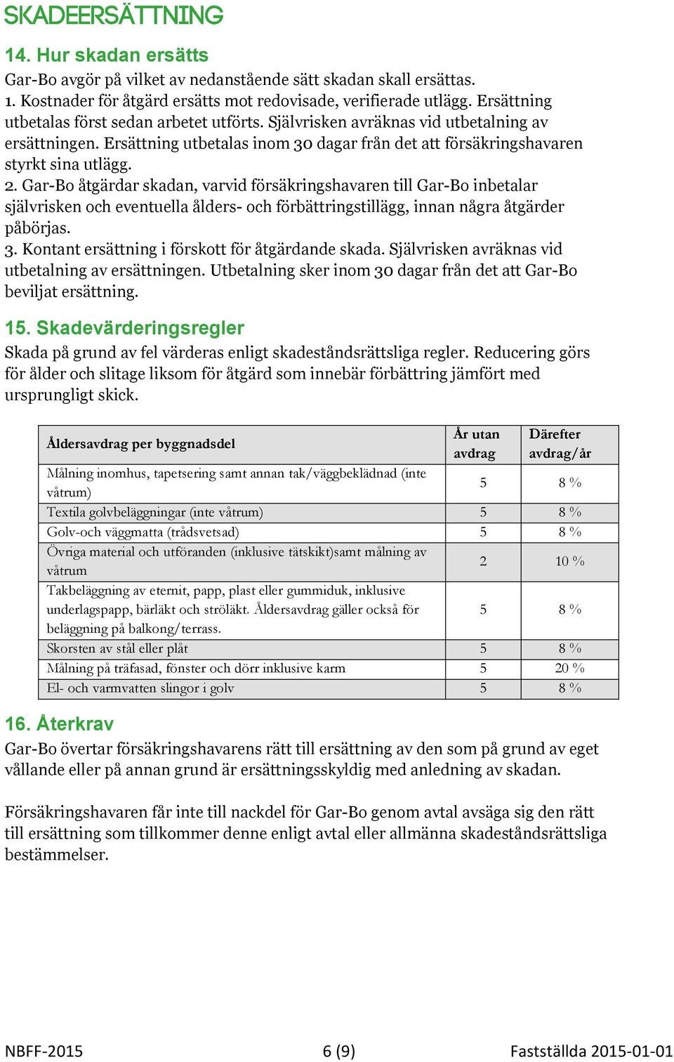 Gar-Bo åtgärdar skadan, varvid försäkringshavaren till Gar-Bo inbetalar självrisken och eventuella ålders- och förbättringstillägg, innan några åtgärder påbörjas. 3.