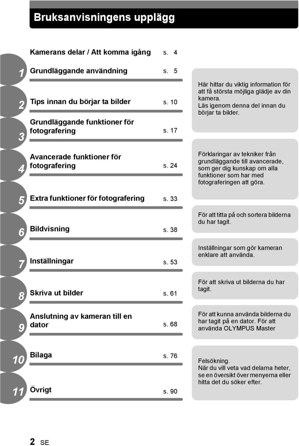 Förklaringar av tekniker från grundläggande till avancerade, som ger dig kunskap om alla funktioner som har med fotograferingen att göra. 5 Extra funktioner för fotografering s. 33 6 Bildvisning s.