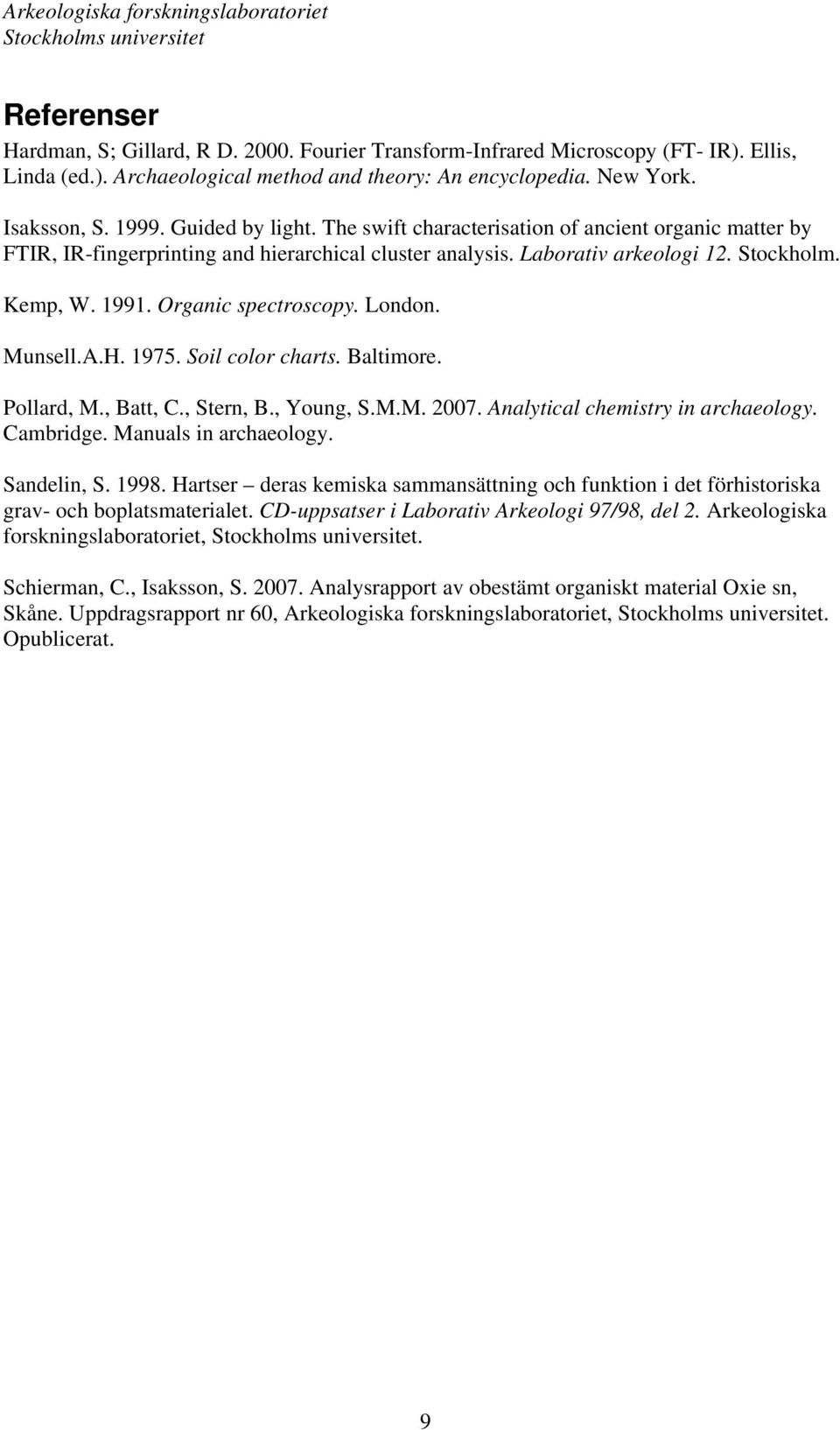 Organic spectroscopy. London. Munsell.A.H. 1975. Soil color charts. Baltimore. Pollard, M., Batt, C., Stern, B., Young, S.M.M. 2007. Analytical chemistry in archaeology. Cambridge.