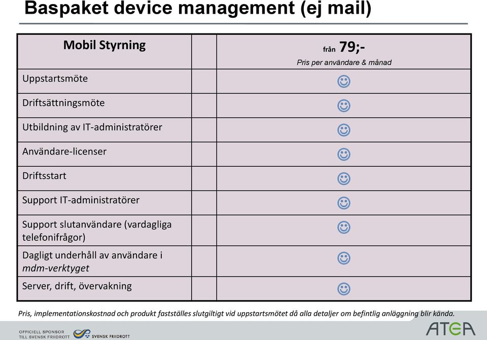 telefonifrågor) Dagligt underhåll av användare i mdm-verktyget Server, drift, övervakning Pris per användare & månad