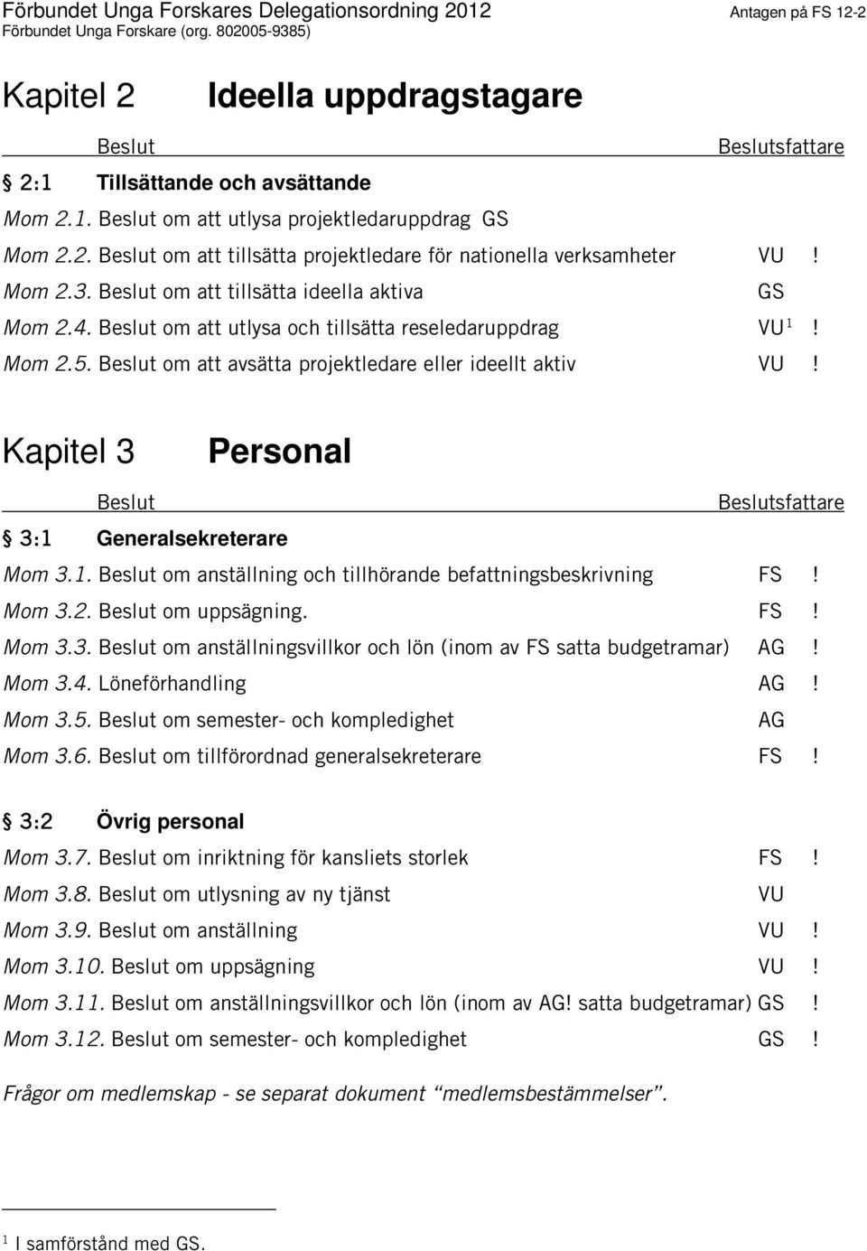 Kapitel 3 Personal 3:1 Generalsekreterare Mom 3.1. om anställning och tillhörande befattningsbeskrivning! Mom 3.2. om uppsägning.! Mom 3.3. om anställningsvillkor och lön (inom av satta budgetramar) AG!