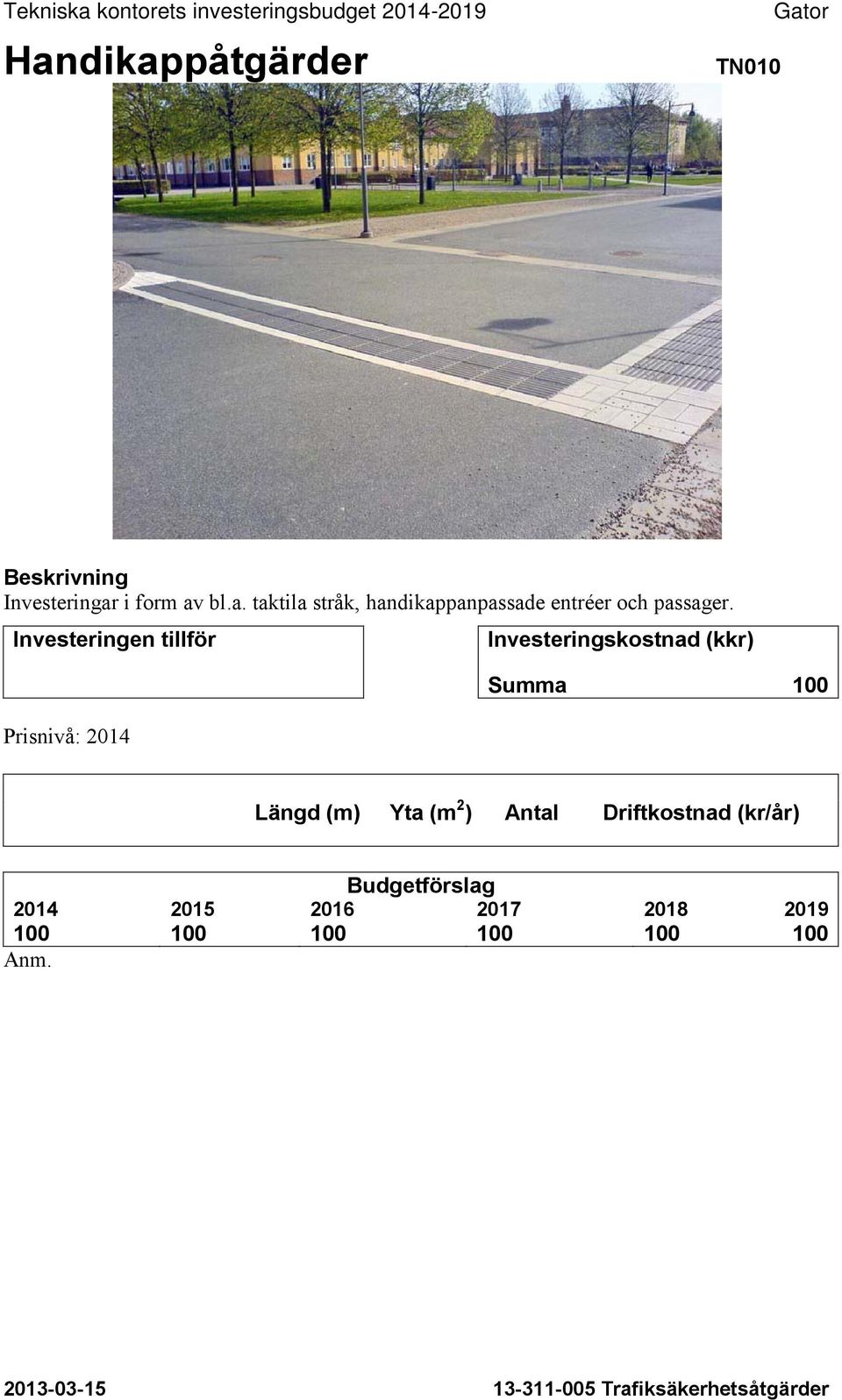 Investeringen tillför Prisnivå: 2014 Investeringskostnad (kkr) Summa 100 Längd (m) Yta (m 2 ) Antal