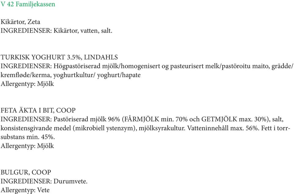 yoghurt/hapate Allergentyp: Mjölk FETA ÄKTA I BIT, COOP INGREDIENSER: Pastöriserad mjölk 96% (FÅRMJÖLK min. 70% och GETMJÖLK max.
