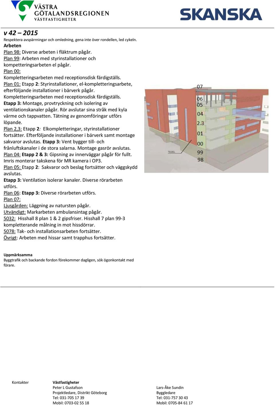 Kompletteringsarbeten med receptionsdisk färdigställs. Etapp 3: Montage, provtryckning och isolering av ventilationskanaler pågår. Rör avslutar sina stråk med kyla värme och tappvatten.