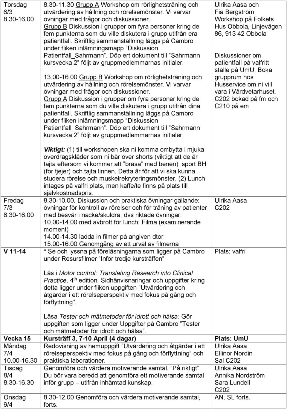 00 Grupp B Workshop om rörlighetsträning och Grupp A Diskussion i grupper om fyra personer kring de fem punkterna som du ville diskutera i grupp utifrån dina patientfall.