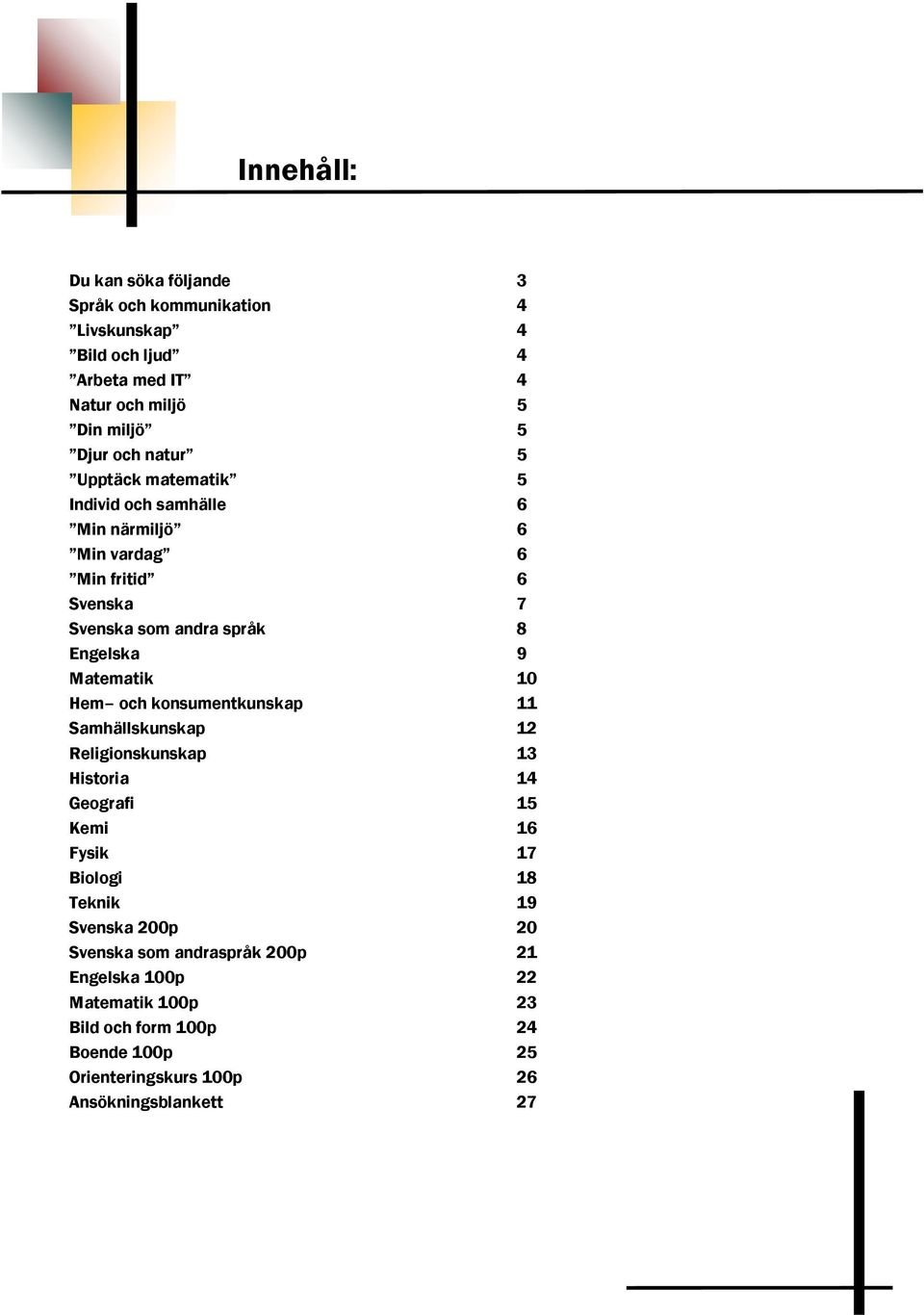 Matematik 10 Hem och konsumentkunskap 11 Samhällskunskap 12 Religionskunskap 13 Historia 14 Geografi 15 Kemi 16 Fysik 17 Biologi 18 Teknik 19