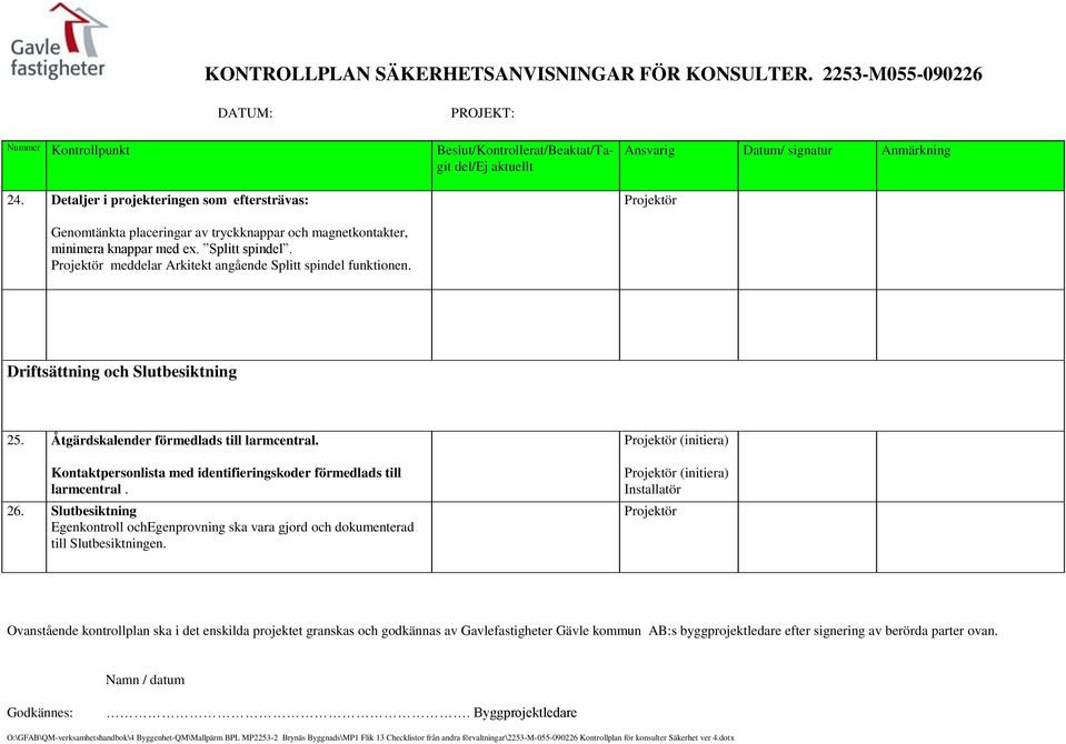 Kontaktpersonlista med identifieringskoder förmedlads till larmcentral. 26.